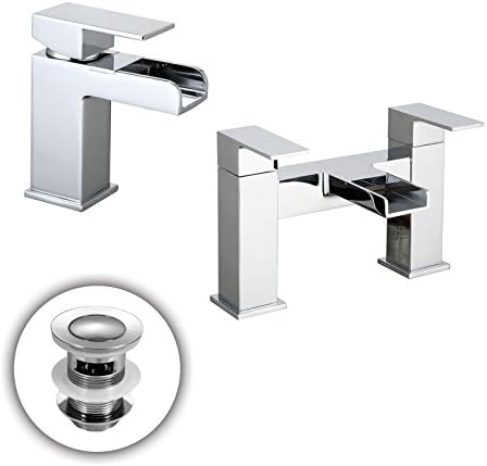 Ozone Chrome Square Bathroom Bath Filler & Basin Mono Mixer Tap + Waste