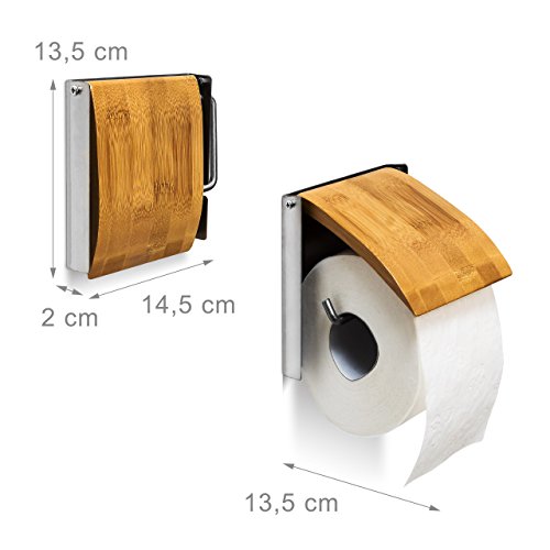 Relaxdays 10019179 Toilettenpapierhalter H x B x T: 13,5 x 14,5 x 13,5 cm WC-Rollenhalter für 1 Klopapierrolle zur Wandmontage aus Bambus und rostfreiem Edelstahl als Wandrollenhalter für das Badezimmer, natur - 3