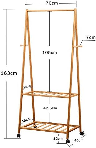 Coat Racks ZHIRONG Rolling 3 In 1 Bamboo Garment Rack Coat Clothes Hanging Rail 2 Tiers 4 Hooks for Shoe and Hat Rack (Color : 163*70CM)