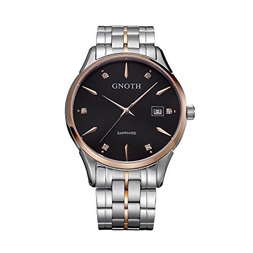 GNOTH minimalistische Herren Uhr mit synthetischen Diamanten, echtem Saphirglas, Edelstahl und groem schwarzem Zifferblatt