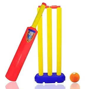 Majik Cricket Kit Set of Plastic 3 Stumps with Bail, 1 Bat and 1 Ball Combo Set for Kids (25 Grams, Multicolour)