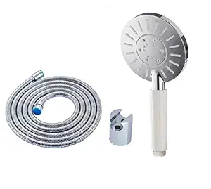 ANMEX Adjustable White Rain Spray Hand Shower with 1.5mtr SS Shower Tube and Wall Hook (Chrome Finish)