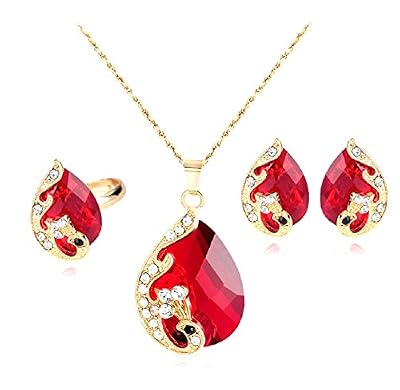 Gespout Collier Rouge Bijoux Ensemble Alliage Saint-Valentin Cadeau d'anniversaire Pendentif Collier + Boucles d'oreilles+Bague