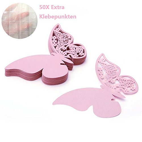 ElecMotive 50 St¨¹ck 3D Schmetterlinge Abnehmbar Wandtattoos Wandsticker Lesezeichen Namenkarte mit Hohl-Muster in den Fl¨¹geln f¨¹r Geschenk Hochzeit Party Haus Deco mit Klebepunkten zur Fixierung (Pink)