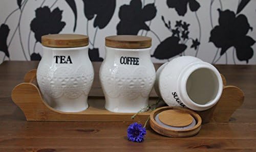 Set of 3 kitchen tea,coffee and sugar ceramic storage jars with Bamboo Tray with an airtight rubber seal G2 Barrel Style