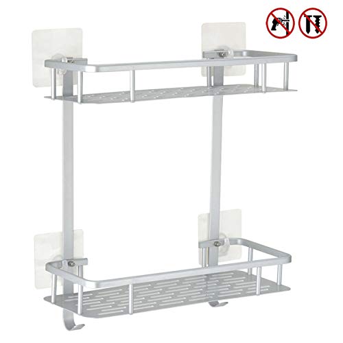 Laimew no perfora el estante del baño, estante de ducha pegajoso de aluminio de la grieta de 2 niveles con el gancho colgante para el champú