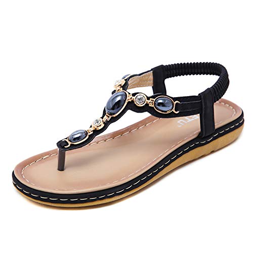 ZOEREA Sandalias Planas para Mujer Verano Bohemia Moda Comodidad Elegante Correa Tobillo Elástica Chanclas Punta Abierta Damas Zapatos Casuales (Etiqueta 39=38 EU, Negro#1)