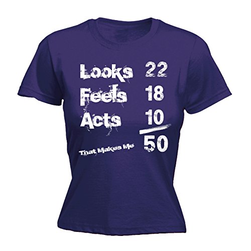 123tWomen's Looks 22 Feels 18 Acts 10 That Makes Me 50 Funny Joke Birthday Dad Mum Mom Bday b-Day Fitted T-Shirt Funny Novelty