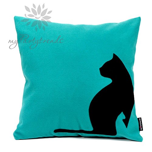 Dekokissen Sofakissen 'black cats' in türkis, 40 x 40 cm mit Füllkissen (Katzenkissen, Katzenmotiv, Zierkissen, Schmusekissen, Katze, Kissen)