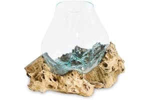 My Square Mile Molten Glass Display Bowl On Wood Root Stand 14x10x11cm Glass Rustic Ornament Sculpture Key Sweet Display Dish