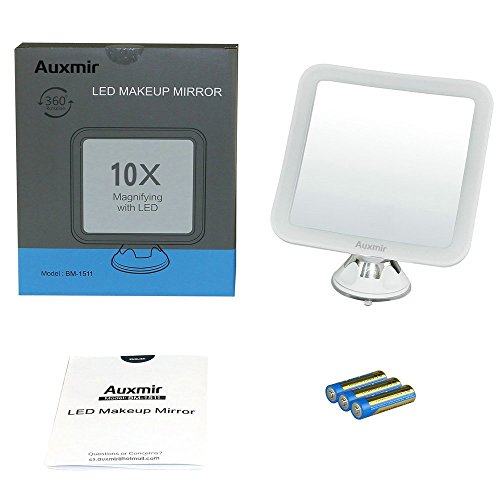 Auxent Kosmetikspiegel LED Beleuchtet mit 10-facher Vergrößerung und Starkem Saugnapf, 360° Schwenkbar, Schminkspiegel viereckig mit Blendfreier Beleuchtung für Zuhause und Unterwegs - 9