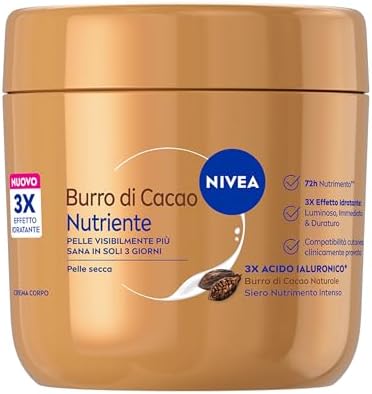 NIVEA Crema Corpo Burro di Cacao Nutriente 400 ml, Crema idratante corpo 72h, Con 3x Acido Ialuronico Puro e Burro di Cacao, Body lotion dalla texture ricca, Assorbimento rapido, Per pelle secca