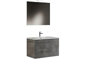 MaMa Store 60-Mobile Bagno Sospeso 60 CM Lavabo, Specchio e Lampada LED, L.62 X P.47 X H.53 cm, Legno, Grigio Cemento, L. 62 X P. 47