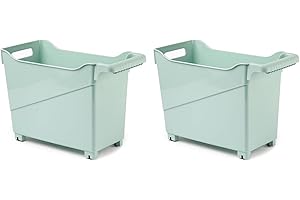 ACAN Tradineur - Pack de 2 Carritos de plástico con Ruedas y asa - N.º 3 - Cesta Organizadora para Productos de Limpieza, Baño, Cocina - Color Verde Pastel