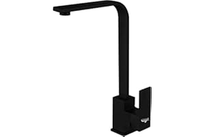 COMVIDA Grifo de Cocina Mezclador de Lavabo,Cuadrado Acero Inoxidable Grifo de Cocina 360° Giratorio,Negro/Cromado Monomando Fregadero Mezclador Agua Fría y Caliente,CV-11002-N