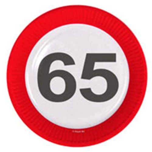8 PAPPTELLER MOTIV SCHILD MIT DER ZAHL 65. Geburtstag D: 23 cm
