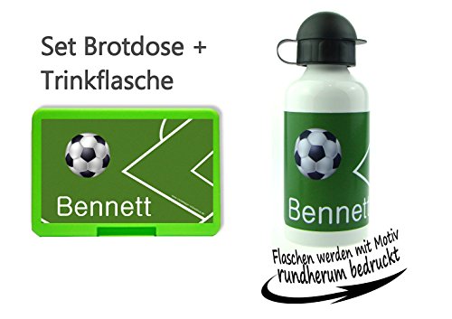 persönliche Brotdose BPA-Frei + Trinkflasche aus Aluminium 500 ml | personalisierbar mit Wunschnamen | Lunchbox Farbe auswählbar| Motiv Fußball Junge