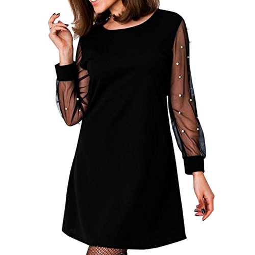 DAY8 Femme Vetements Robe Femme Chic Soiree Cocktail Femme Vetement Pas Cher Grande Taille Robe Femme Dentelle Manche Longue pour Mariage Robe Femme élégant Robe Fille ete Printemps Hiver (L, Noir)