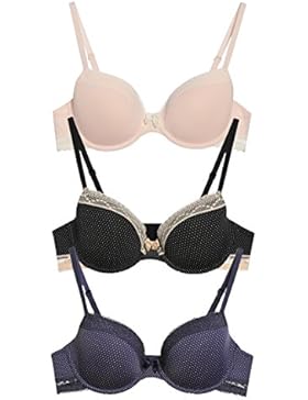 3er Pack T-Shirt-BH mit Bügel wattiert mit Schleife gepunktet Schwarz-Beige Blau-Weiß Rosa