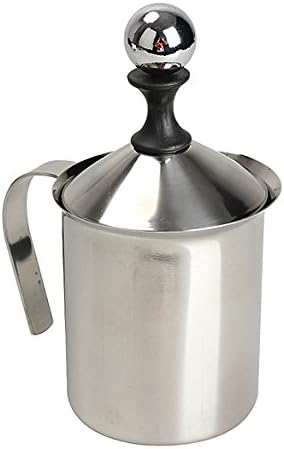 Wiseminnie Milk Creamer Frother Cappuccino Coffee Foam Pitcher with Handle and Lid,Double Mesh, Stainless Steel, 400mL Capacity