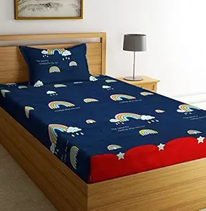 NEW LEAF Cotton Feel Soft and Smooth Cartoon Printed Double Bedsheet Special for Kids or Your Baby, (Rainbow After Rain, Dark Blue)