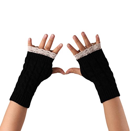 Internet Fingerless Lace Knitted Fringe Warm Gloves (Black)