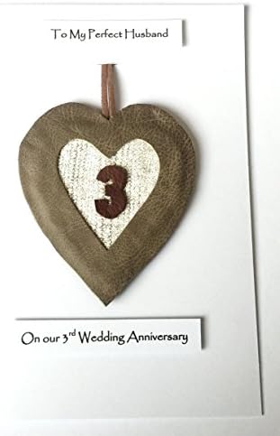 3rd Wedding Anniversary Leather Heart Gift Card Husband Wife Mushroom Brown - A5 size Card
