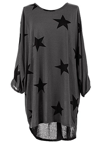 Femme Tunique T-shirt Robe Longue à Étoiles Imprimées à Manche Chauve Souris High Low Hem Grande Taille Casual (S, Gris)