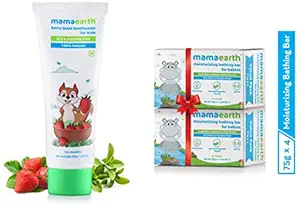 Mamaearth 100% Natural Berry Blast Kids Toothpaste 50 Gm, Fluoride Free, Sls Free, No Artificial Fla And Mamaearth Bathing Bar For Babies - Pack Of 4