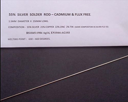 Silver Solder 55 (55% Silver) 1.5mm dia. rod wire 250mm long flux free AG455 (Same compostion as (Silverflo 55 or Silver-Flo 55) 630-660 melting point