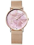 Alienwork Damen-Armbanduhr Quarz Rose-Gold mit Milanaise Mesh-Armband Edelstahl pink Perlmutt Ultra-flach Slim-Uhr elegant