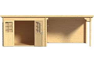 Woodtex Holz Gartenhaus Blockbohlenhaus CA2977 | Wandstärke 28 mm | Naturbelassen | Pultdach | Mit 3 m Anbau | B x T x H: 596 x 298 x 204 cm | Doppeltür Mit Echtglas