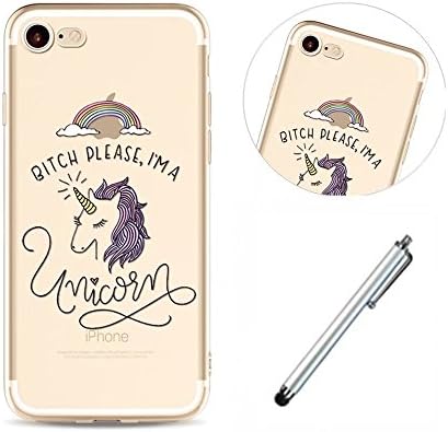 iphone 7 Case Lanpangzi Cellphone Accessory Transparent Shell Ultra Slim Soft Silicone Scratch-resistant Anti-fingerprint Protective Case - Bitch Unicorn + Metal Touch Pen