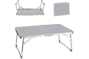 Qimu Low Folding Camping Table,Lightweight Aluminium Picnic Table Laptop Bed Table,Portable Lap Desk, for Picnic/Camping or Eating Breakfast, Reading, Watching Movie on Bed/Couch(White,60cm)