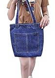 Damen Jeans Canvas Leinwand Umhängetasche Messenger Bag Handtasche Schultertasche Tasche Löcher Muster Hellblau & Dunkelblau - 2