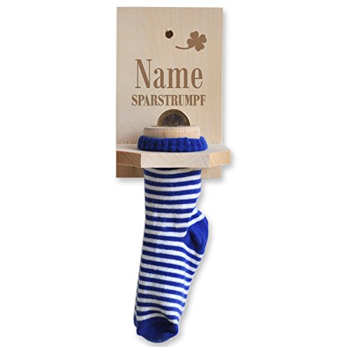 geschenke-online Sparstrumpf mit Gravur des Namens mit blauer Socke