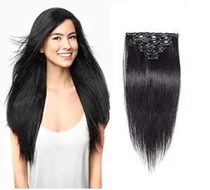 BeatStock , 16 Clips Head 6 Piece STRAIGHT Hair Extensions For Women and Girls For Increase Instant Length , 24 inch (Black)