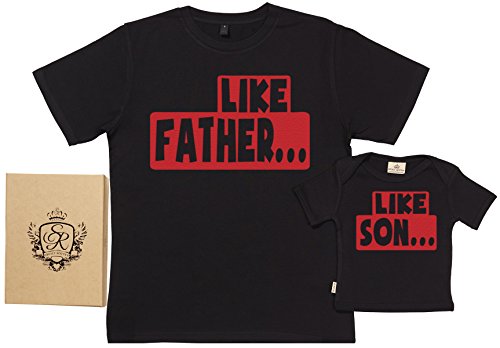 SR - Gift Boxed Dad & Kids Gift Set - Like Father Like Son Organic Matching Father & Kids T-Shirts - Black - Large & 3-4 Years