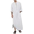 YAOHUOLE Herren Kaftan V-Ausschnitt Langarm Kaftan Herren Lang Knopf Hoch Thobe Herren Seite Split Baumwolle mit Taschen