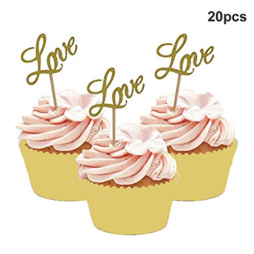 Dusenly 20 x Adornos de Cupcake Golden Glitter Love Postre Comida Pastel Selecciones para Baby Shower Wedding Engagement Bridal Shower Suministros para Fiestas de cumpleaños