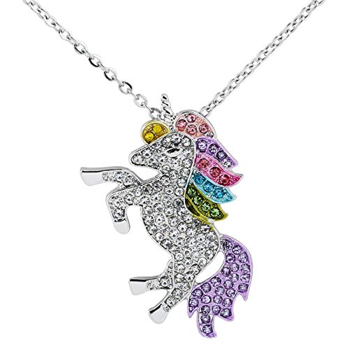Naler Cadeau de fête Licorne Pendentif Collier Cristal Arc-en-Ciel Licorne Charme Pendentif Argent Collier Chaîne avec Boîte à Bijoux