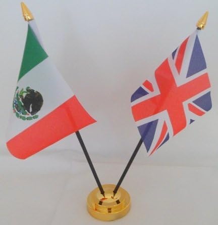 Mexico Mexican Union Jack 2 Flag Friendship Table Display With Gold Base