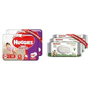 Huggies Wonder Pants Medium Size Diapers Combo Pack of 2, 54 Counts Per Pack (108 Counts) & Huggies Baby Wipes - Cucumber & Aloe, Pack of 3 (216 Wipes)