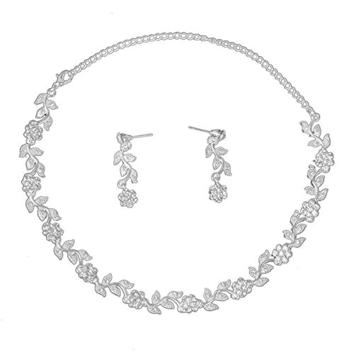 Tinksky Wedding Bridal Leaf Style Rhinestone Decorated Necklace Earrings Set (Sliver)