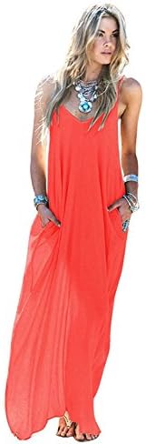 SANNU Women's V - Neck Strappy Casual Loose Boho Chiffon Pocket Long Maxi Beach Dresses (Medium, Orange)
