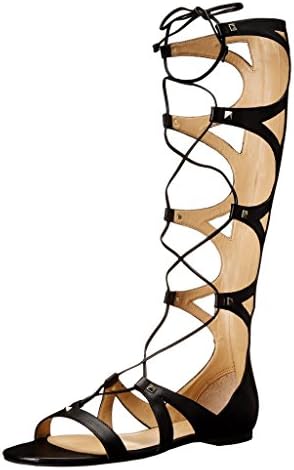 Kolnoo Womens Knee High Gladiator Sandals Lace Up Zipper Flats Perfect Fit Big Calves Shoes Black US11.5