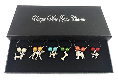 Libby's Market Place Ciondoli per calici da vino, fatti a mano, per amanti dei cani, confezione da 6