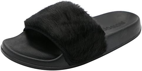 ROWOO Women Slip on Faux Fur Trim Flat Slipper Sandals (5 UK/38 EU, Black)