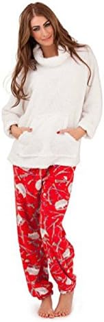 Womens Red and Cream with Hedgehog Print Fleece Full Length Twosie Lounge Suit Pyjamas Medium 12 to 14