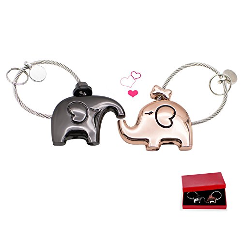 Preisvergleich Produktbild EAECOM Schlüsselanhänger 1 Paar Küssender Elefant Schlüsselring partneranhänger Valentinsgruß Geschenk Zink Legierungs glänzende Anhänger, Niedliche Schlüssel Anhänger, Gun Schwarz&Roségold
